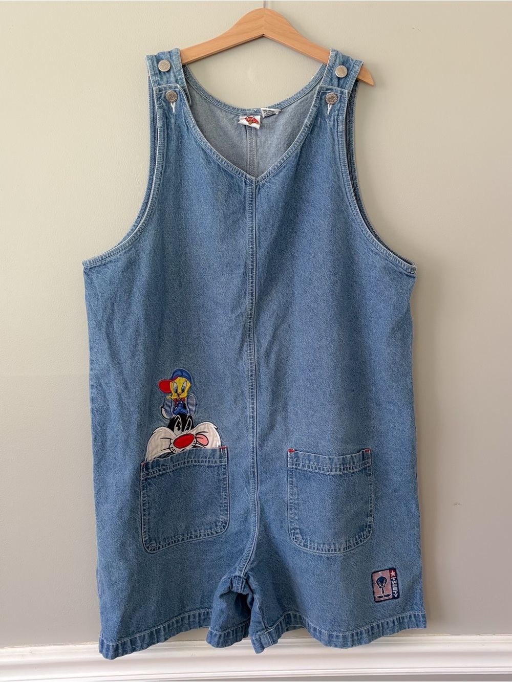 VTG Warner Bros. Light Blue Denim Overall Romper with Tweety & Sylvester